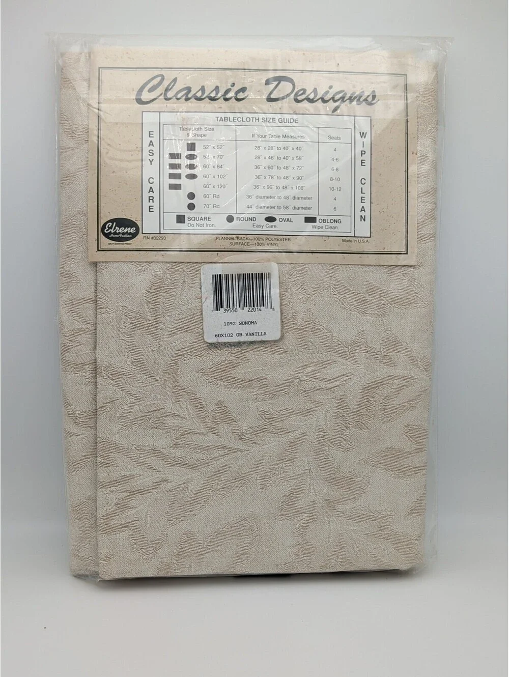 Vintage Sonoma Damask 60”x102”  Vanilla Flannel-Backed Vinyl Tablecloth, NEW